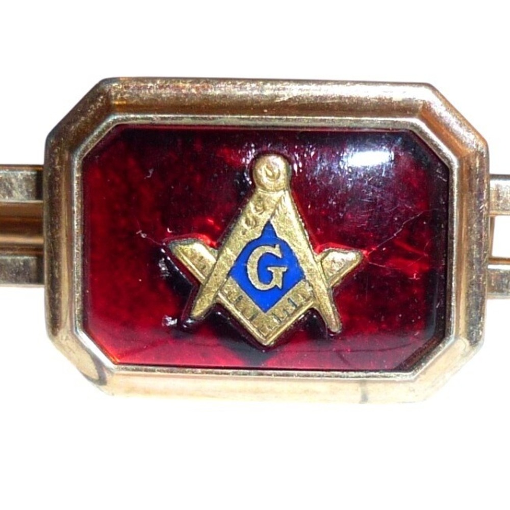 Vintage Hickok Masonic Tie Bar "Correct Quality" Red Enamel Square & Compasses